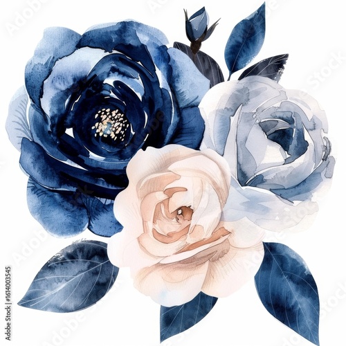 Watercolor of a navy blue and blush roses, in white background.