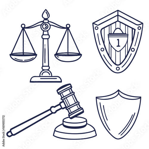 Legal Symbols Scales of Justice Gavel and Shields.