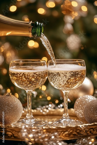 Champagne Being Poured Into Elegant Glasses During a Festive Celebration With...