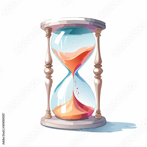 Elegant watercolor illustration of a vintage hourglass with flowing orange and red sand.