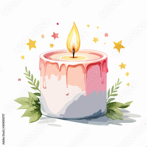 Aesthetic watercolor lit candle with pink dripping wax, green leaves, and sparkling stars.