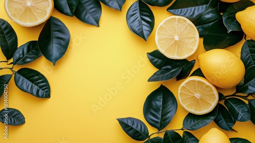Bright Yellow Background With Lemons and Green Leaves Arranged Artistically