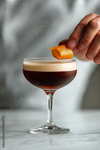 Crafting a Classic Cocktail With Orange Garnish in a Stylish Glass at a Bar.