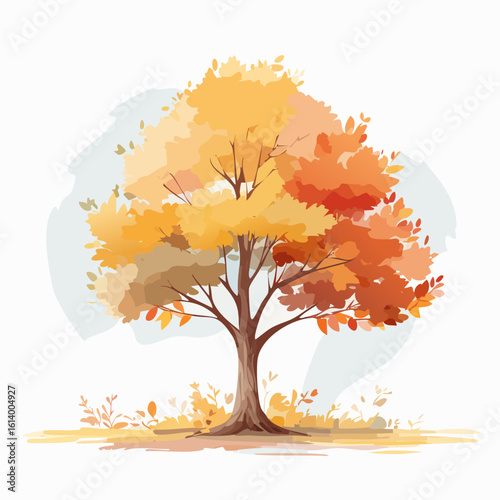 Elegant illustration of a solitary autumn tree with a lush canopy of warm-toned leaves.