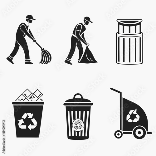 Sanitation Worker Icons Sweeping Collecting and Waste Disposal.