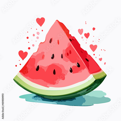 Juicy triangular watermelon slice with red flesh, black seeds, and decorative hearts in a watercolor style.