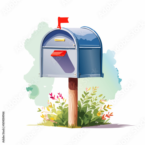 Blue residential mailbox with a raised red signal flag, mounted on a wooden post surrounded by small colorful plants.