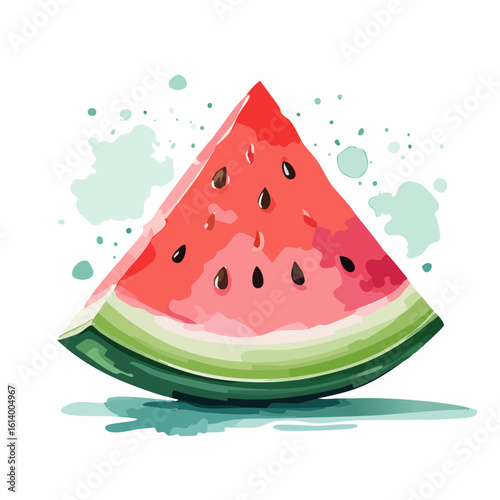 Stylized watercolor illustration of a juicy watermelon wedge with black seeds and a vibrant green rind.