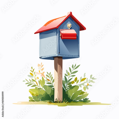 Charming watercolor illustration of a blue house-shaped mailbox with a bright red roof.