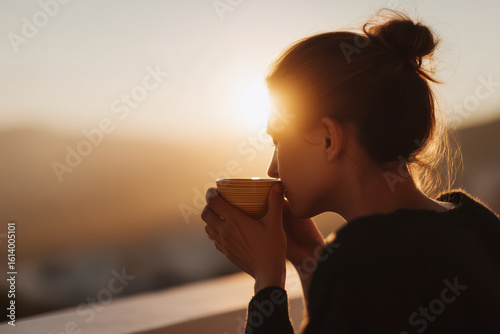 young woman enjoys her morning coffee on balcony basking in soft glow of early sunlight