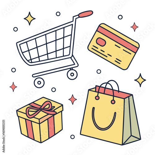 Shopping Cart Credit Card Gift Box and Shopping Bag.