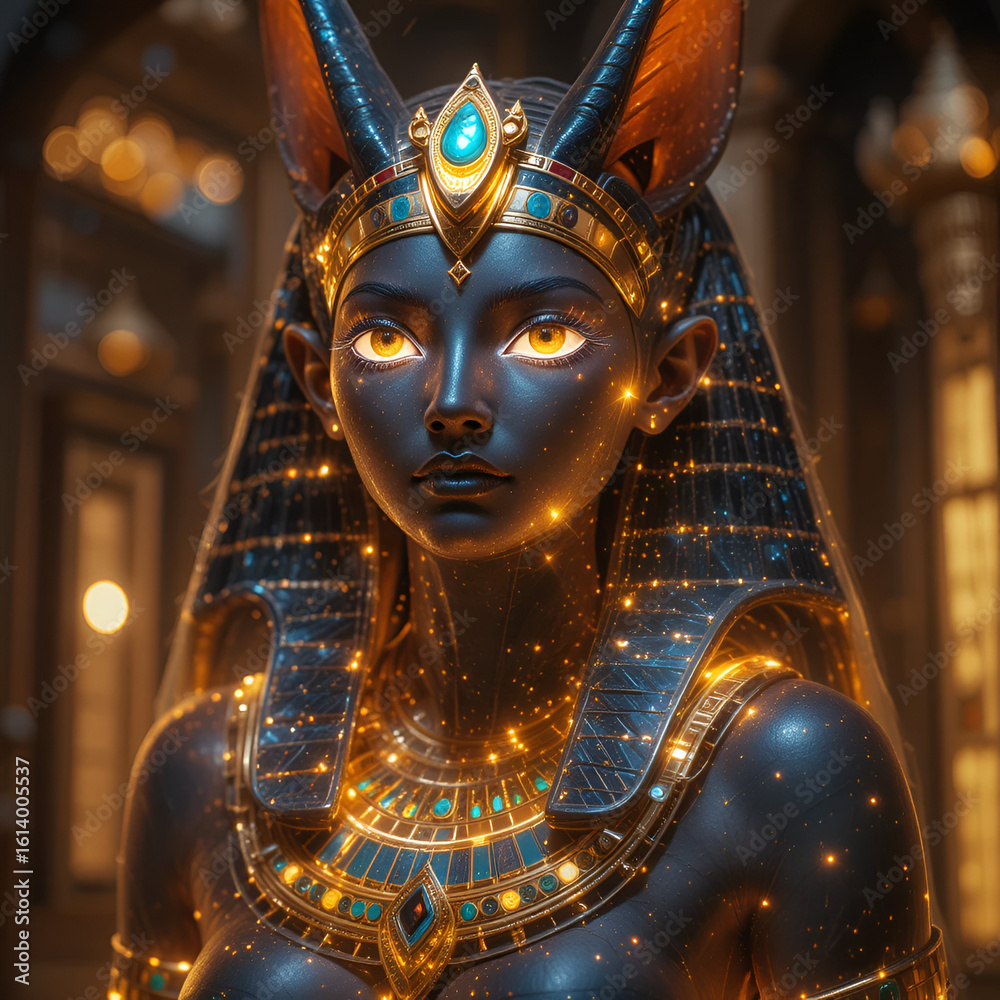 Obraz premium Ancient Egypt goddess Bast (Bastet) silluethe in the lights close up.