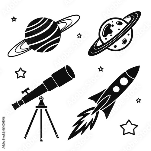 Space Exploration Icons Planets Rocket Telescope Stars.