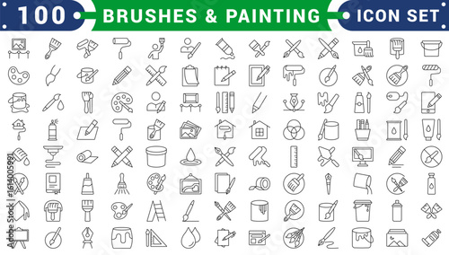 Brushes and Painting icon set. Related to Spray, Color palette, Paint Bucket and more. Collection and pack of linear web and ui icons. Editable stroke.