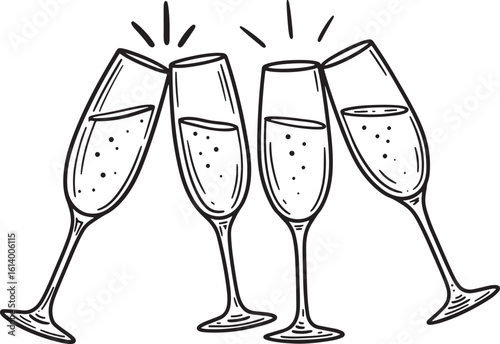 Four champagne glasses clinking together silhouette