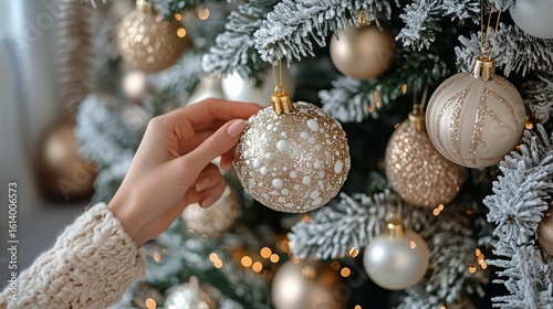 Decorating a Christmas Tree With Golden Ornaments in a Cozy Indoor Setting.