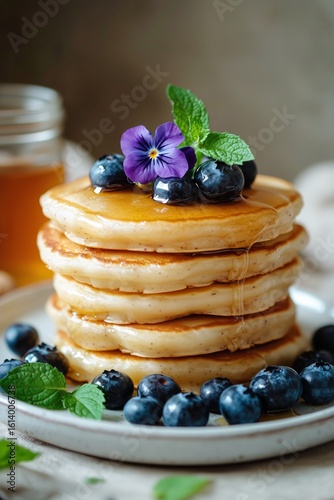 Stack of Fluffy Pancakes Topped With Blueberries and Syrup on a Rustic Table