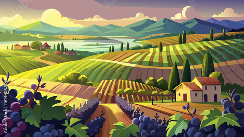 In sunlit vineyards with tiny grape clusters and a scenic view of lush countryside, soft shadows dance between vines. A semi-realistic approach brings warmth, depth, and peaceful beauty to the scene.