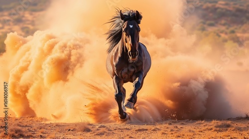 A horse running in the desert with dust in the air