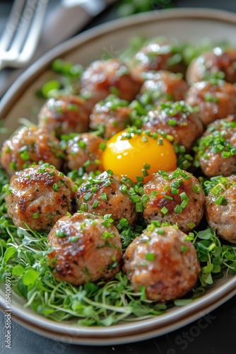 Savory Meatballs Plated With Fresh Herbs and a Raw Egg Yolk Nestled in the Ce...