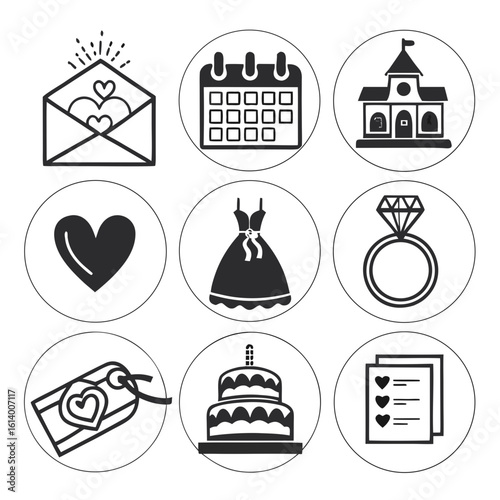 Wedding Icons Collection Love Celebration and Planning Elements.