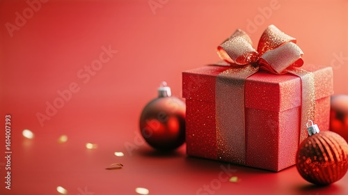 Holiday Gift Box With Ribbons and Ornaments on a Red Background for Celebration