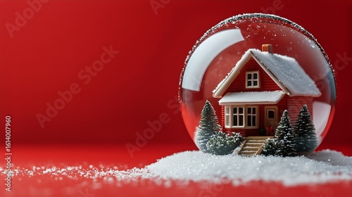 Winter Decoration Featuring a Miniature Red House Inside a Snow Globe With Ev...