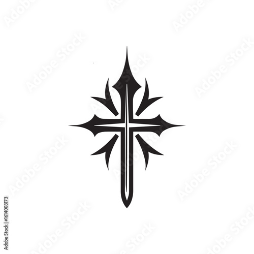 Black decorative cross with ornate sharp edges isolated on a white background