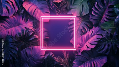 Neon Light Square Surrounded by Lush Tropical Leaves at Night in Vibrant Colors.