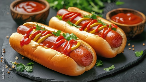 Delicious Hot Dogs Topped With Ketchup and Mustard on a Slate Platter With Fr...