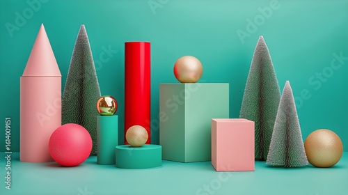 Festive Display With Colorful Shapes and Ornaments for Holiday Decoration.