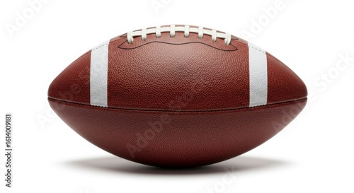 A prolate spheroid brown leather ball with white stripes, laces, and subtle shadow, isolated on white background
