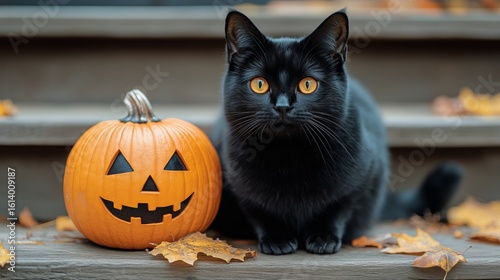 Black Cat Beside Carved Pumpkin on Wooden Steps in Autumn Evening Light.