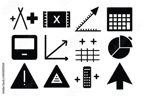 Math Symbols and Equations in Dark Silhouette Style on white background