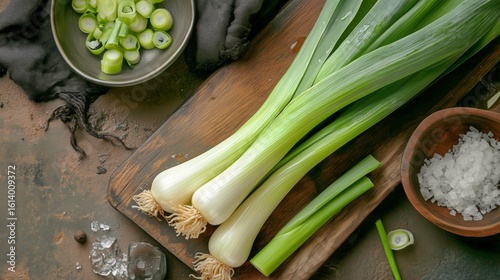 Fresh Leeks and Sliced Green Onions on a Wooden Board With Sea Salt and Herbs