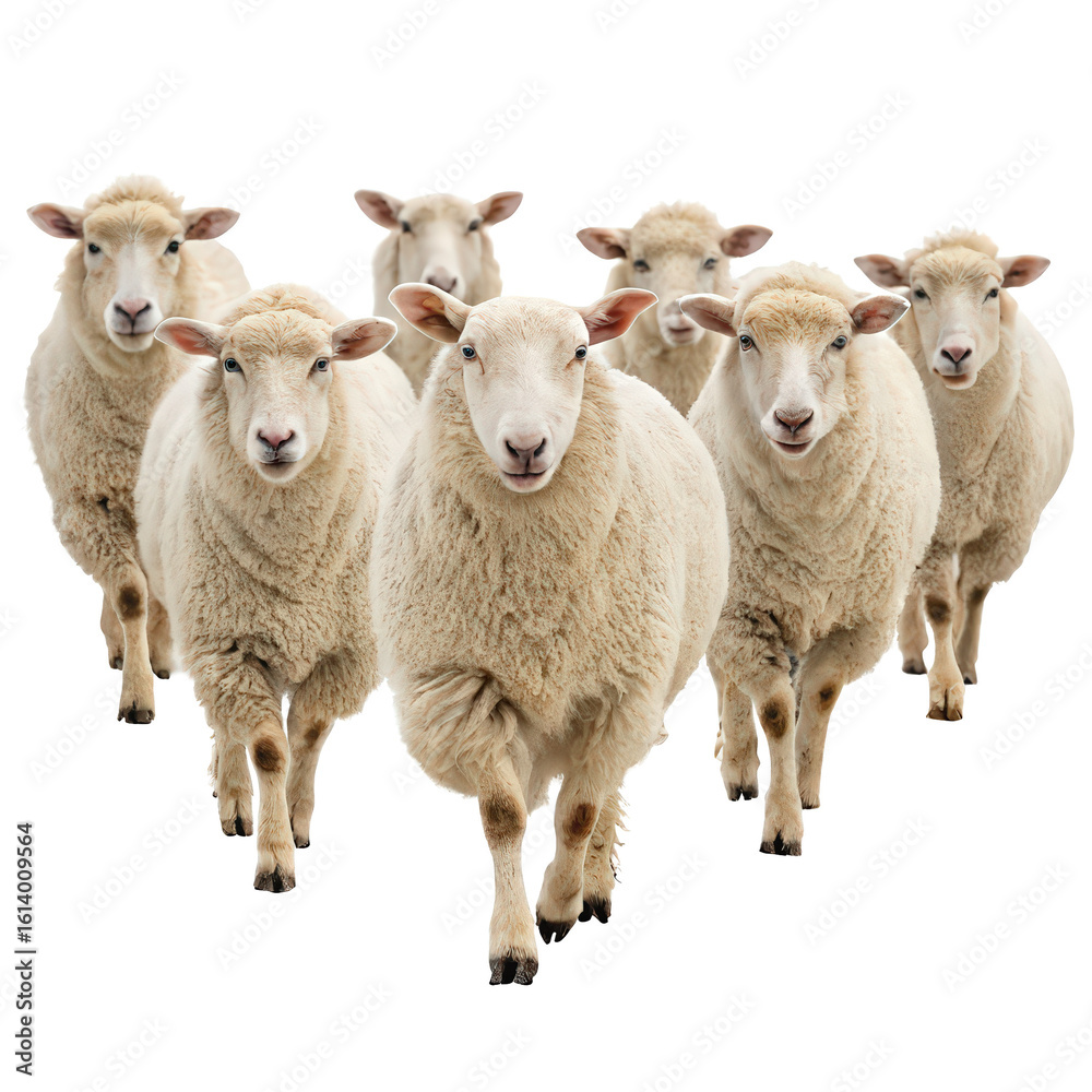 Fototapeta premium a flock of sheep running on png group of sheep in motion png pastoral animal herd png countryside scene illustration png transparent background image
