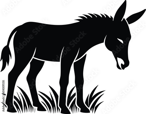 Mule eating grass, grazing animal silhouette, farm livestock line art, rural scene vector, minimal nature illustration