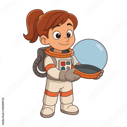 Cartoon astronaut girl holding helmet in spacesuit costume, ready for space.