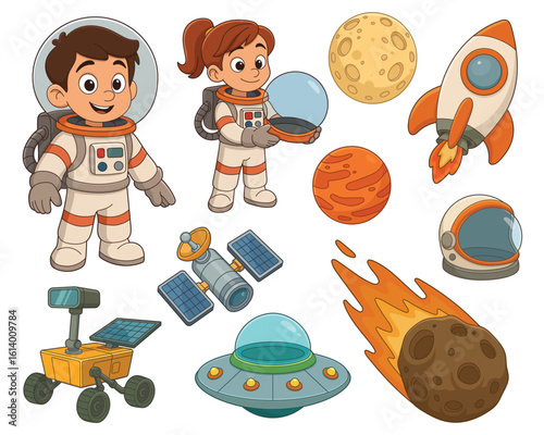 Cartoon kids, rocket, and space elements ready for an outer space adventure