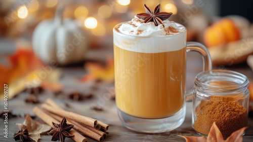 Cozy Autumn Beverage With Whipped Cream and Spices on a Rustic Wooden Table.