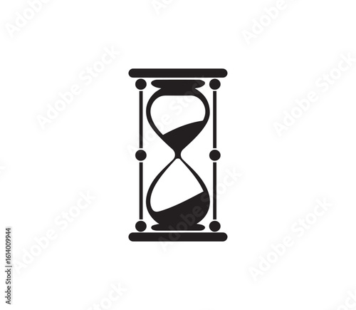 Black hourglass icon with sand flowing in minimalist style on white background