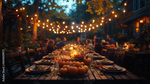 Evening Gathering at a Beautifully Decorated Table With Pumpkins and String L...