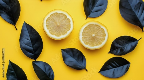 Bright Yellow Background With Lemons and Green Leaves Arranged Artistically.