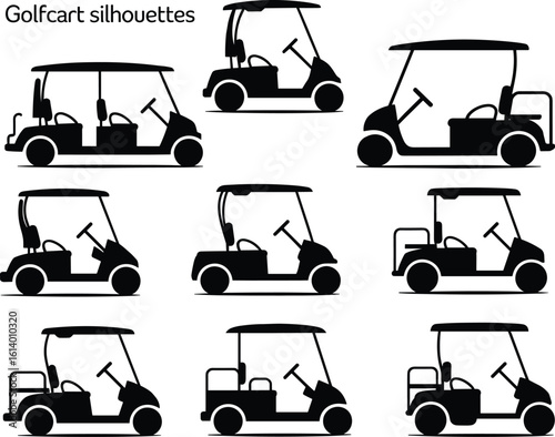 Golf cart silhouettes collection, various electric vehicle shapes, side view vector illustration, transport for golf course, minimal black design