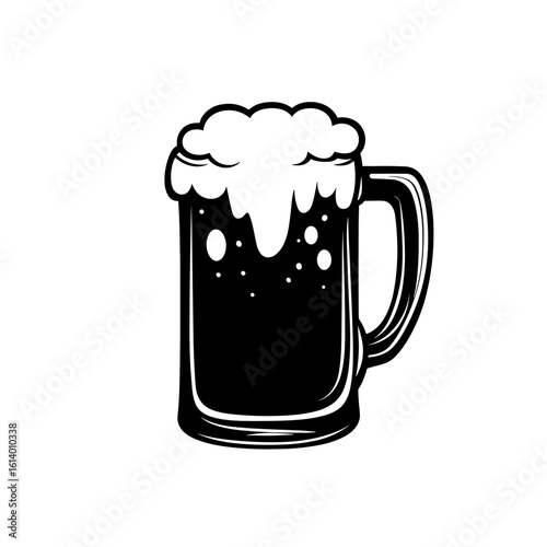 A black silhouette of a beer mug overflowing with foam, symbolizing celebration and social gatherings on a transparent background