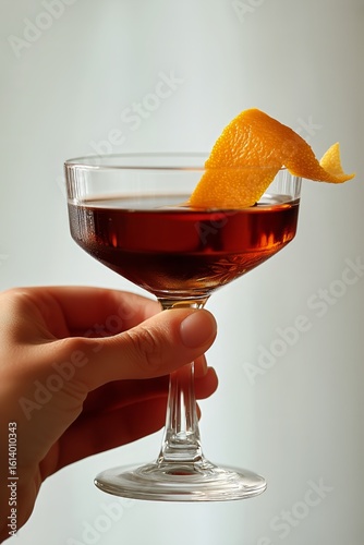 Hand Holding a Cocktail Glass With a Citrus Twist Garnishing the Drink in a S...