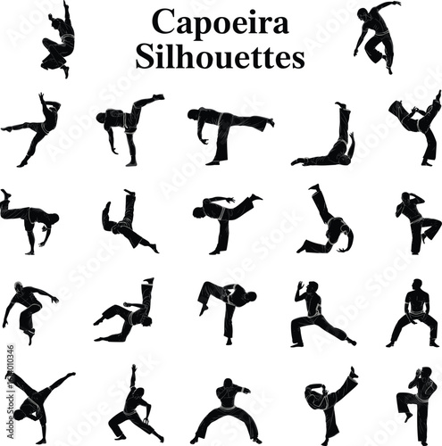 Capoeira silhouettes collection, Brazilian martial arts dance movements, fight poses vector illustration, acrobatic training action, cultural combat sport icons
