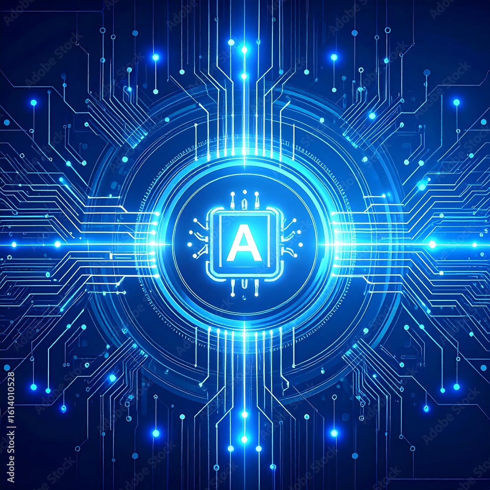 Obraz premium Abstract circuit board design with glowing central chip