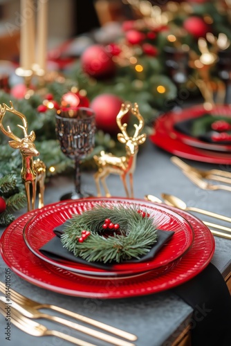 Elegant Holiday Dining Table Setup With Festive Decorations and Rich Colors.