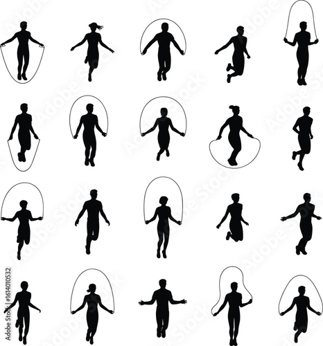 Jump rope silhouettes collection, men and women skipping, fitness exercise vector, cardio workout poses, healthy lifestyle movement illustrations pack